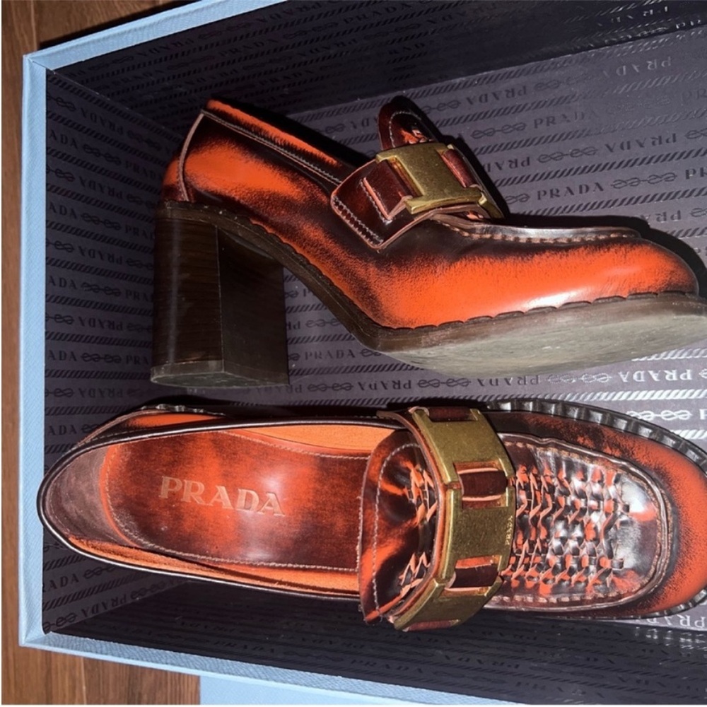 Prada Burnished Orange and Brown Leather Heeled Loafers - Picture 3 of 8